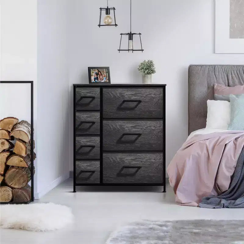 Cómoda Sorbus con 7 cajones - Organizador de almacenamiento con estructura de acero, tapa de madera, tiradores y cubos de tela