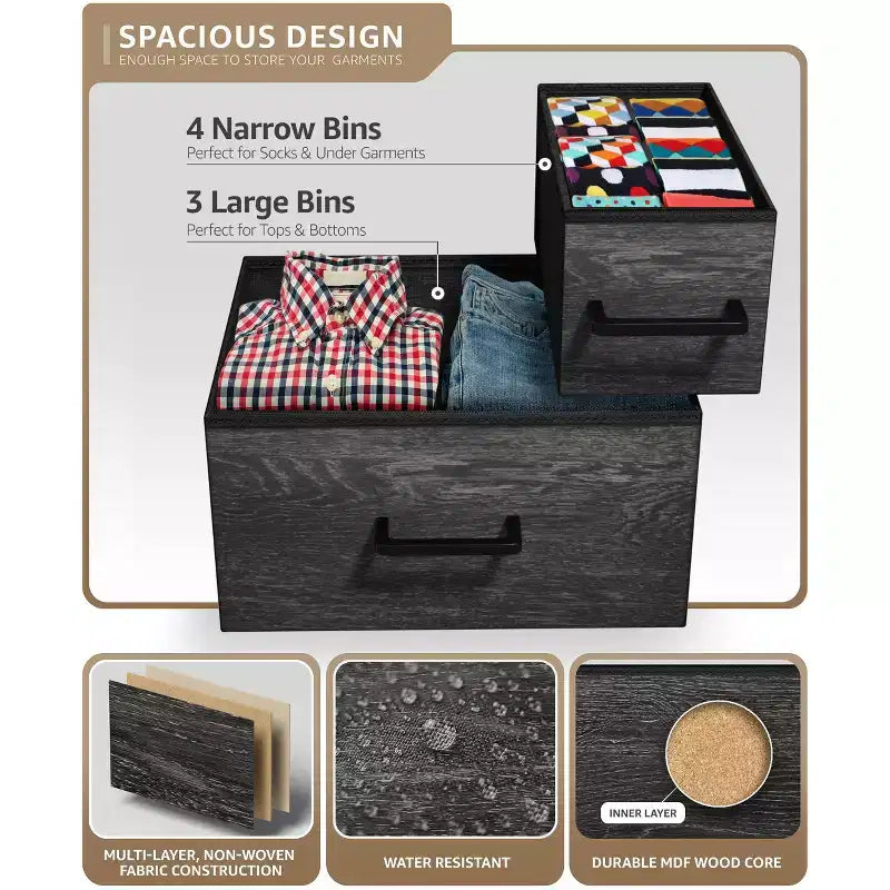 Cómoda Sorbus con 7 cajones - Organizador de almacenamiento con estructura de acero, tapa de madera, tiradores y cubos de tela