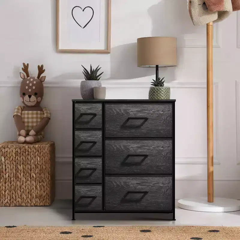 Cómoda Sorbus con 7 cajones - Organizador de almacenamiento con estructura de acero, tapa de madera, tiradores y cubos de tela