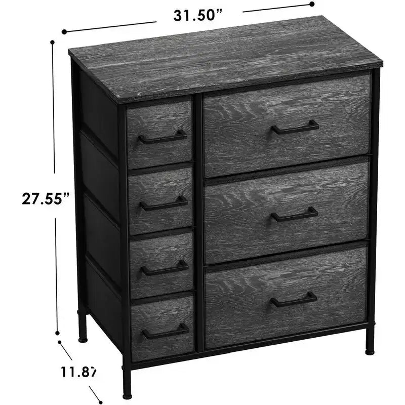 Cómoda Sorbus con 7 cajones - Organizador de almacenamiento con estructura de acero, tapa de madera, tiradores y cubos de tela