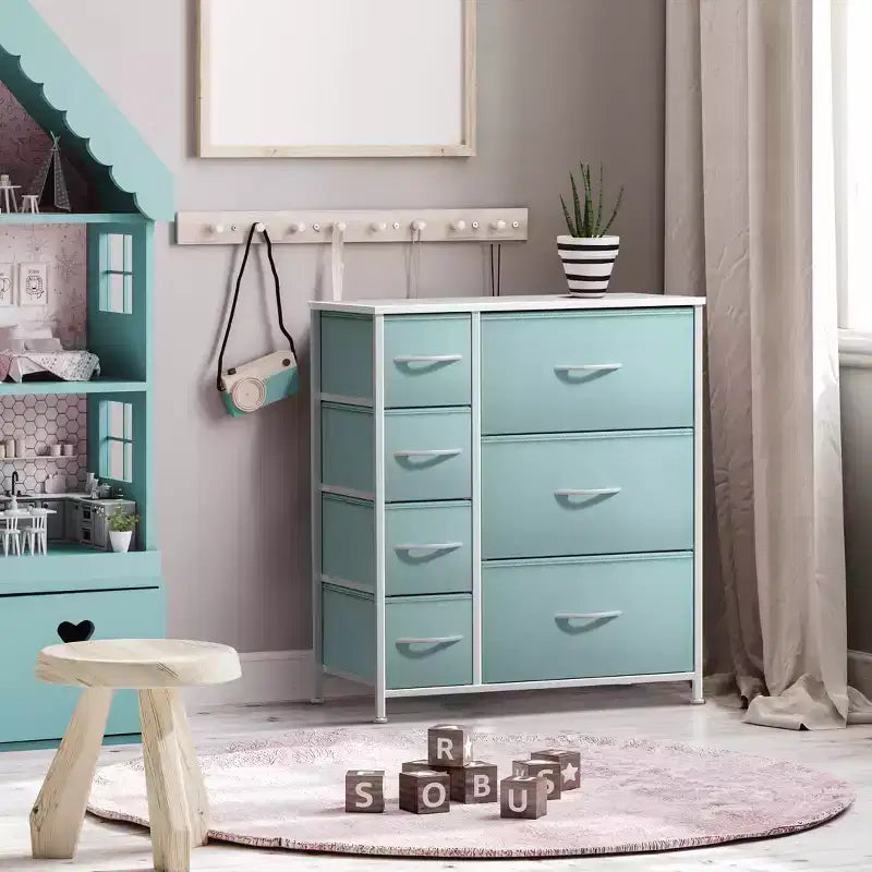 Cómoda Sorbus con 7 cajones - Organizador de almacenamiento con estructura de acero, tapa de madera, tiradores y cubos de tela