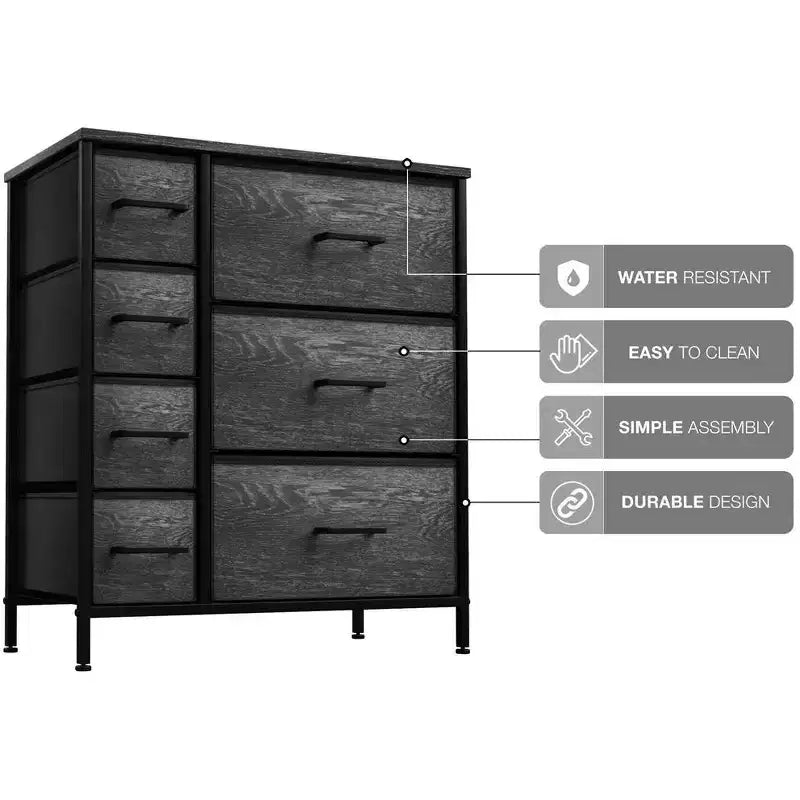 Cómoda Sorbus con 7 cajones - Organizador de almacenamiento con estructura de acero, tapa de madera, tiradores y cubos de tela