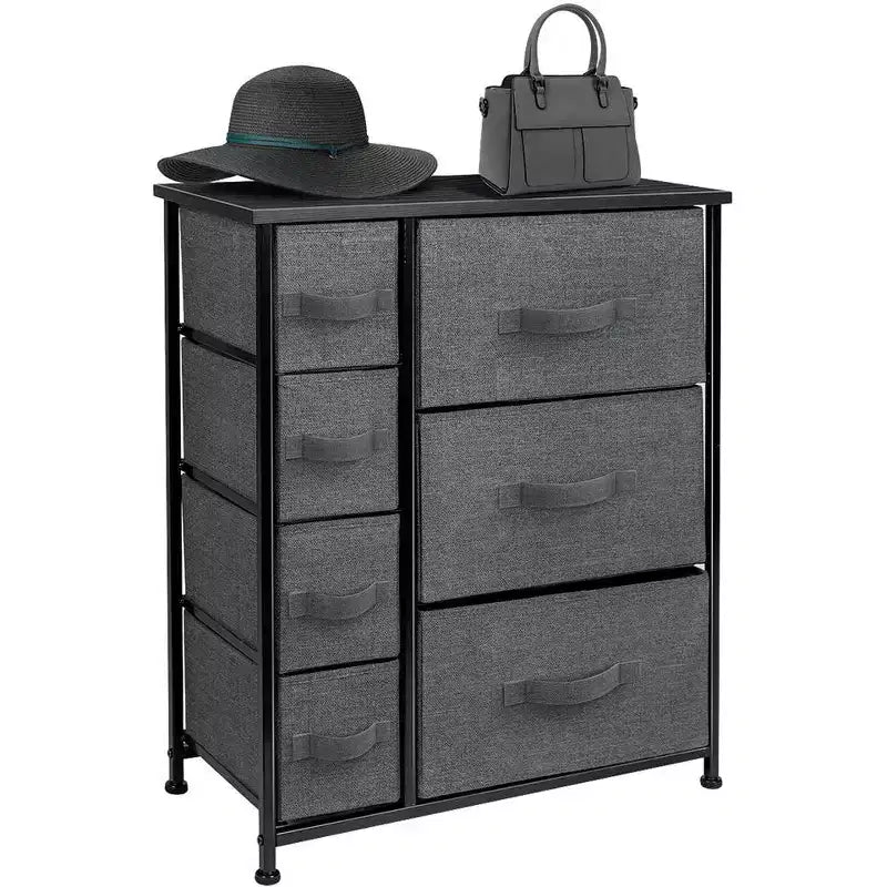 Cómoda Sorbus con 7 cajones - Organizador de almacenamiento con estructura de acero, tapa de madera, tiradores y cubos de tela