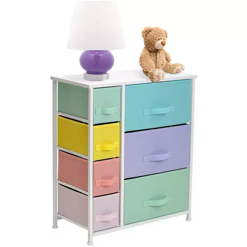 Cómoda Sorbus con 7 cajones - Organizador de almacenamiento con estructura de acero, tapa de madera, tiradores y cubos de tela