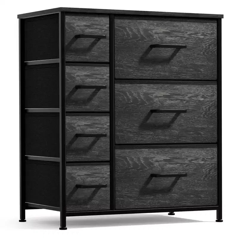 Cómoda Sorbus con 7 cajones - Organizador de almacenamiento con estructura de acero, tapa de madera, tiradores y cubos de tela
