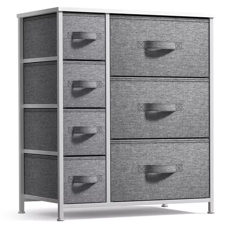 Cómoda Sorbus con 7 cajones - Organizador de almacenamiento con estructura de acero, tapa de madera, tiradores y cubos de tela