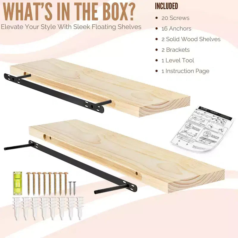 Sorbus Paquete de 2 estantes flotantes de madera maciza de 35" - Para decoración de baño, libros, dormitorio y sala de estar