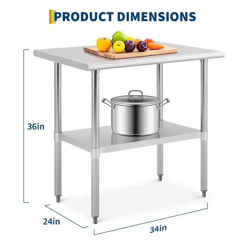 Mesa de acero inoxidable, mesa de preparación comercial de metal de alta resistencia con estantes de almacenamiento abiertos para cocinas de restaurantes, hogares, hoteles, preparación de alimentos