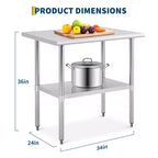 Mesa de acero inoxidable, mesa de preparación comercial de metal de alta resistencia con estantes de almacenamiento abiertos para cocinas de restaurantes, hogares, hoteles, preparación de alimentos
