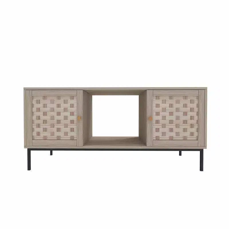 Mesa de centro rectangular de madera con puerta corredera y chapa tejida, almacenamiento simétrico para salón o dormitorio