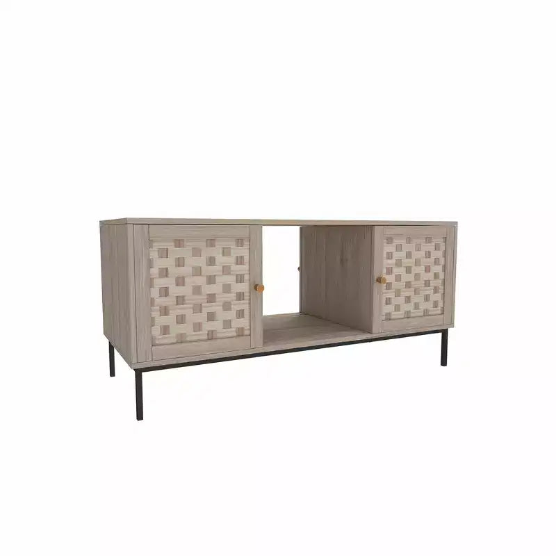 Mesa de centro rectangular de madera con puerta corredera y chapa tejida, almacenamiento simétrico para salón o dormitorio