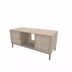 Mesa de centro rectangular de madera con puerta corredera y chapa tejida, almacenamiento simétrico para salón o dormitorio