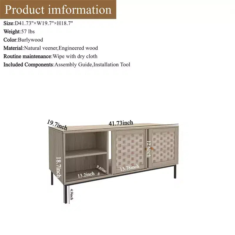 Mesa de centro rectangular de madera con puerta corredera y chapa tejida, almacenamiento simétrico para salón o dormitorio