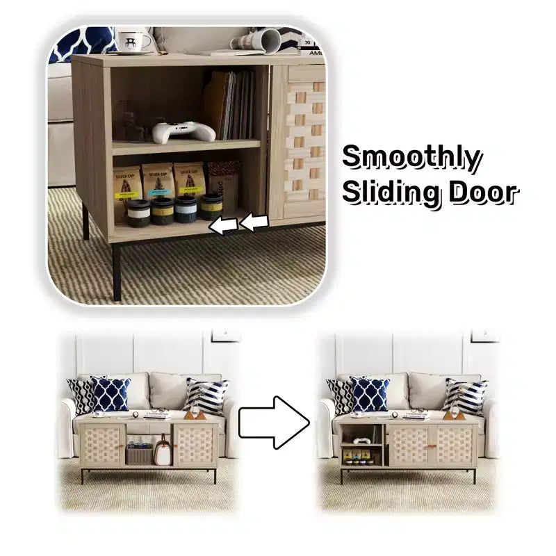 Mesa de centro rectangular de madera con puerta corredera y chapa tejida, almacenamiento simétrico para salón o dormitorio