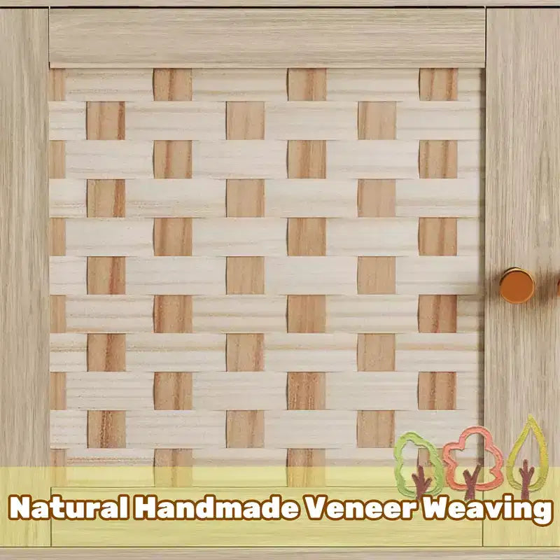 Mesa de centro rectangular de madera con puerta corredera y chapa tejida, almacenamiento simétrico para salón o dormitorio