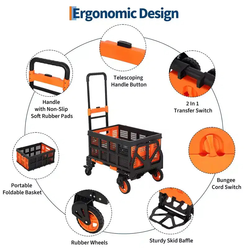 Carrito plegable 2 en 1, carro portátil con cesta plegable, 1 cuerda elástica, 4 ruedas y asa retráctil para uso en cocina y oficina, capacidad de 150 kg
