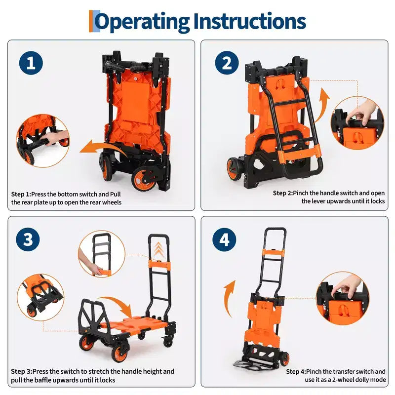 Carrito plegable 2 en 1, carro portátil con cesta plegable, 1 cuerda elástica, 4 ruedas y asa retráctil para uso en cocina y oficina, capacidad de 150 kg