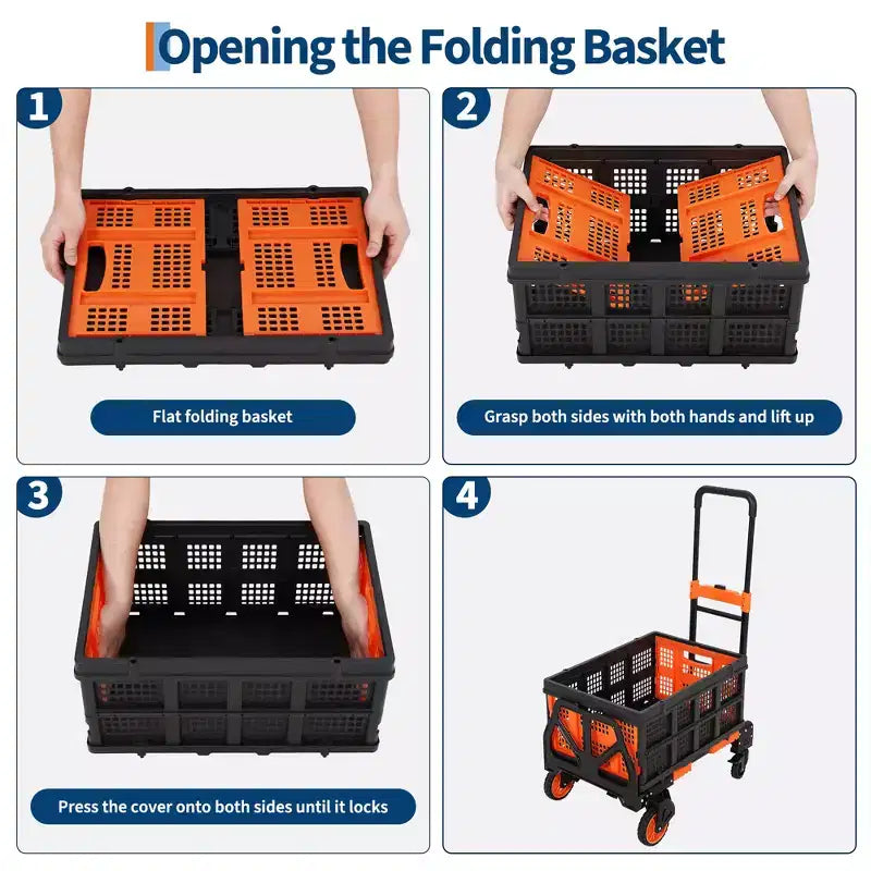 Carrito plegable 2 en 1, carro portátil con cesta plegable, 1 cuerda elástica, 4 ruedas y asa retráctil para uso en cocina y oficina, capacidad de 150 kg
