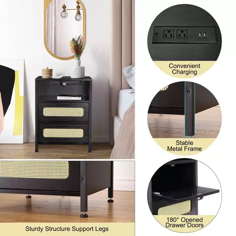 Mesita de noche con puertos USB y enchufes, puertas decoradas con ratán y estante abierto, para dormitorio, sala de estar u oficina,