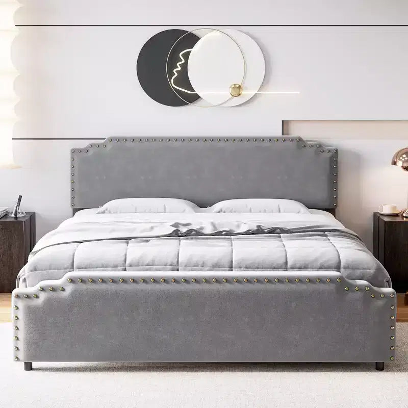 King Bed Frame with Tufted Headboard, Strong Wooden Slats & No Box Spring Required