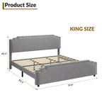 Base de cama tamaño King con cabecero tapizado, somier de lamas de madera resistente y no requiere somier de muelles.