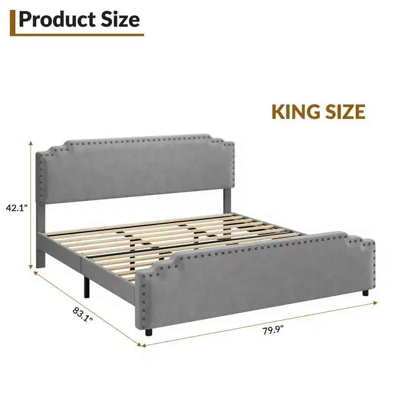 Base de cama tamaño King con cabecero tapizado, somier de lamas de madera resistente y no requiere somier de muelles.