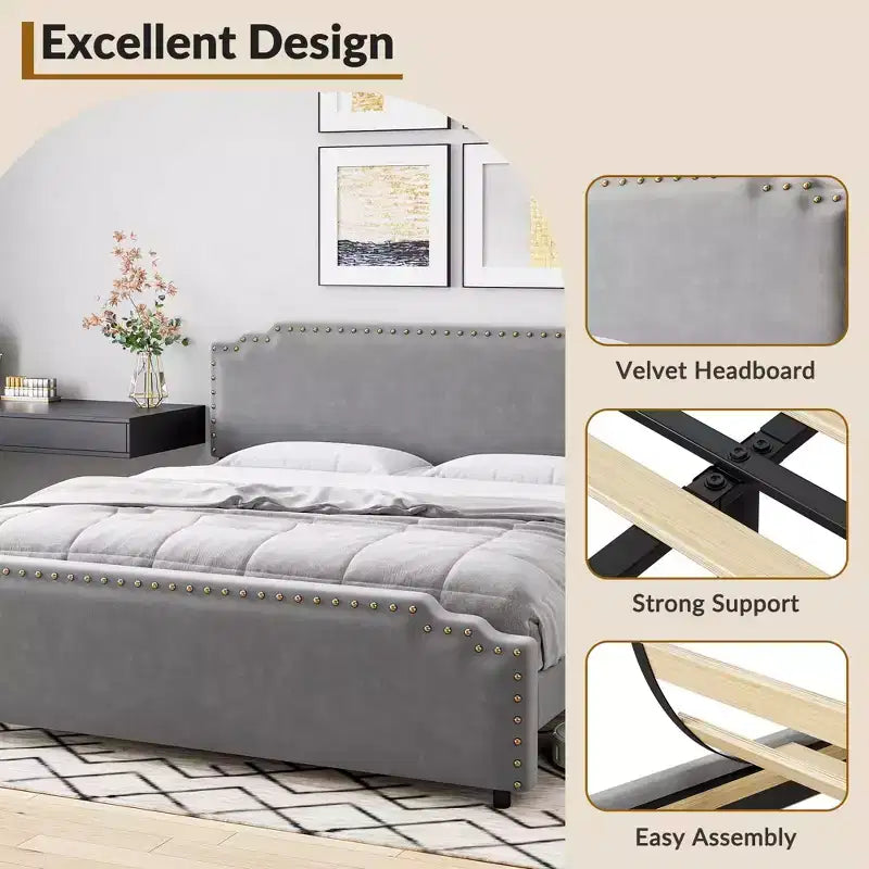 Base de cama tamaño King con cabecero tapizado, somier de lamas de madera resistente y no requiere somier de muelles.