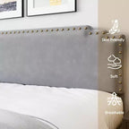 Base de cama tamaño King con cabecero tapizado, somier de lamas de madera resistente y no requiere somier de muelles.