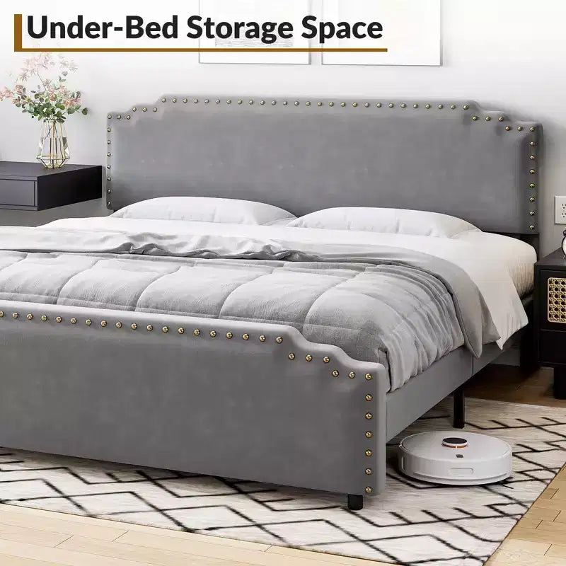 Base de cama tamaño King con cabecero tapizado, somier de lamas de madera resistente y no requiere somier de muelles.