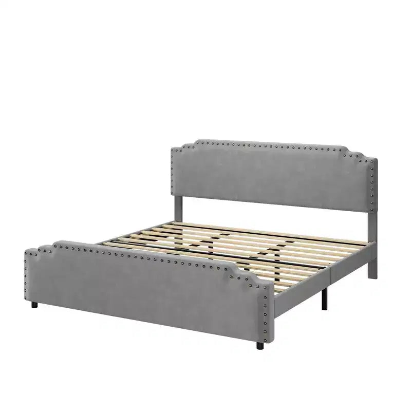 Base de cama tamaño King con cabecero tapizado, somier de lamas de madera resistente y no requiere somier de muelles.