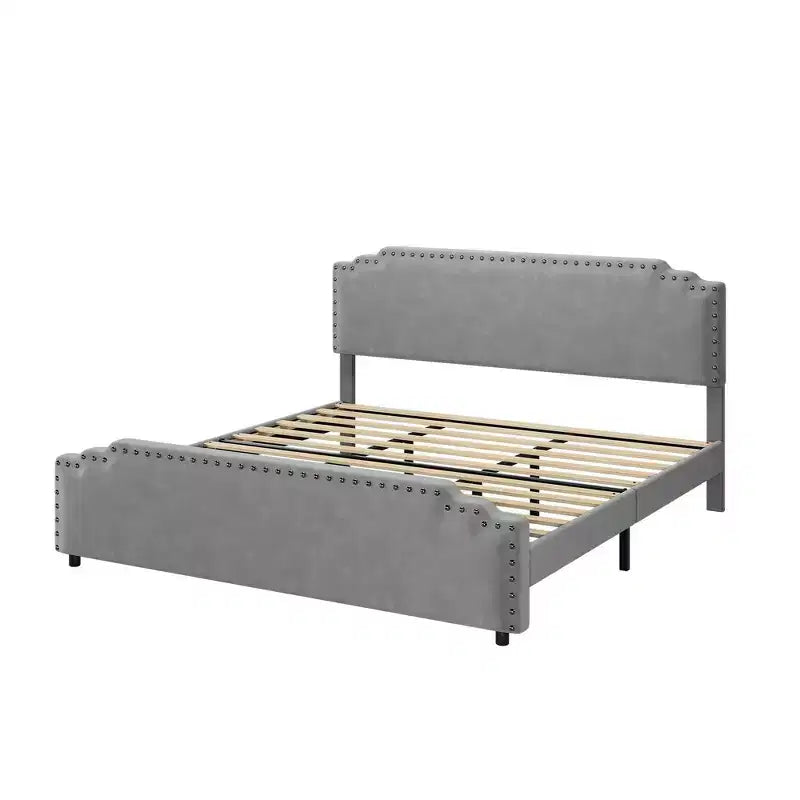 Base de cama tamaño King con cabecero tapizado, somier de lamas de madera resistente y no requiere somier de muelles.