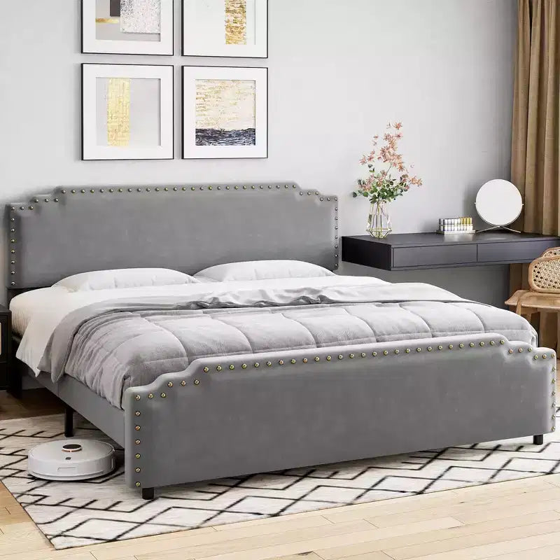 Base de cama tamaño King con cabecero tapizado, somier de lamas de madera resistente y no requiere somier de muelles.