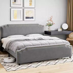 Base de cama tamaño King con cabecero tapizado, somier de lamas de madera resistente y no requiere somier de muelles.