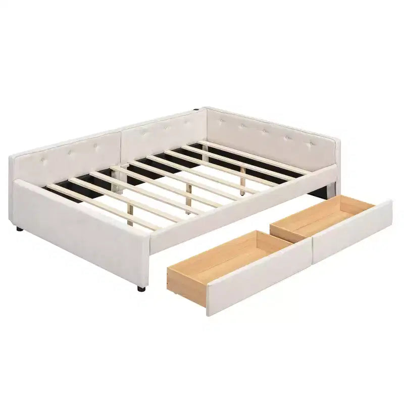 Sofá cama tapizado con cajones de almacenamiento, sofá cama esquinero en forma de L, estructura de cama baja con carga USB para adolescentes y adultos, beige