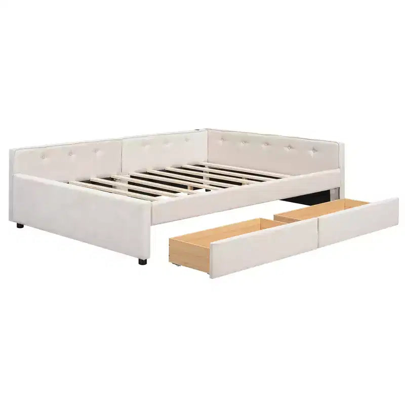Sofá cama tapizado con cajones de almacenamiento, sofá cama esquinero en forma de L, estructura de cama baja con carga USB para adolescentes y adultos, beige