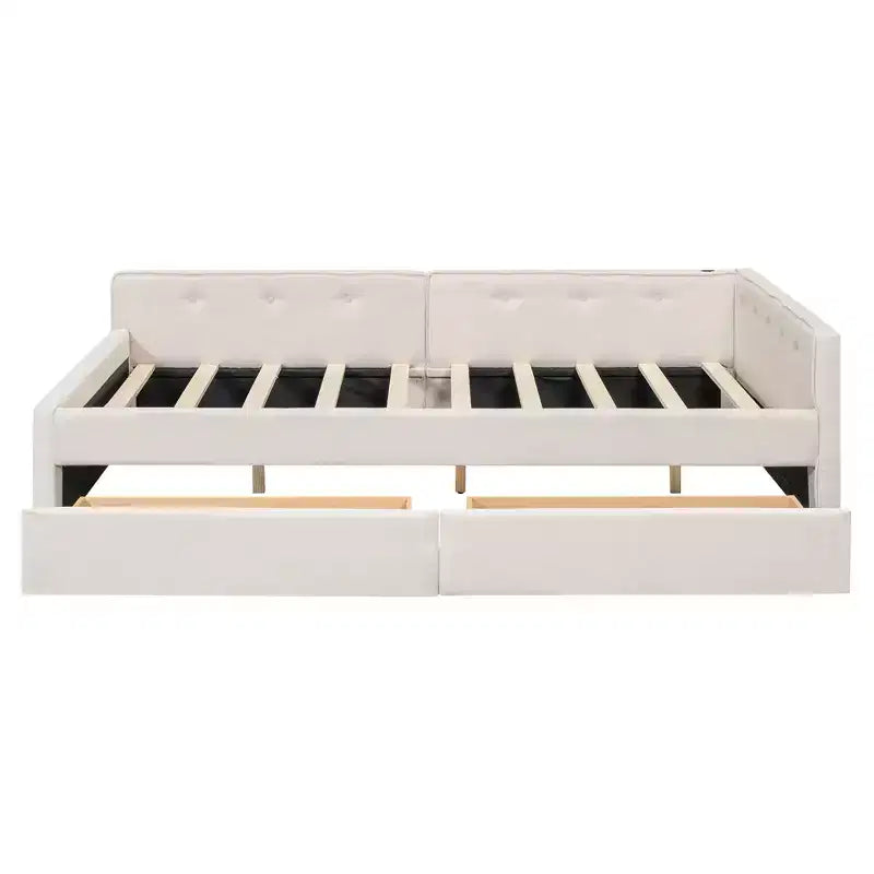 Sofá cama tapizado con cajones de almacenamiento, sofá cama esquinero en forma de L, estructura de cama baja con carga USB para adolescentes y adultos, beige