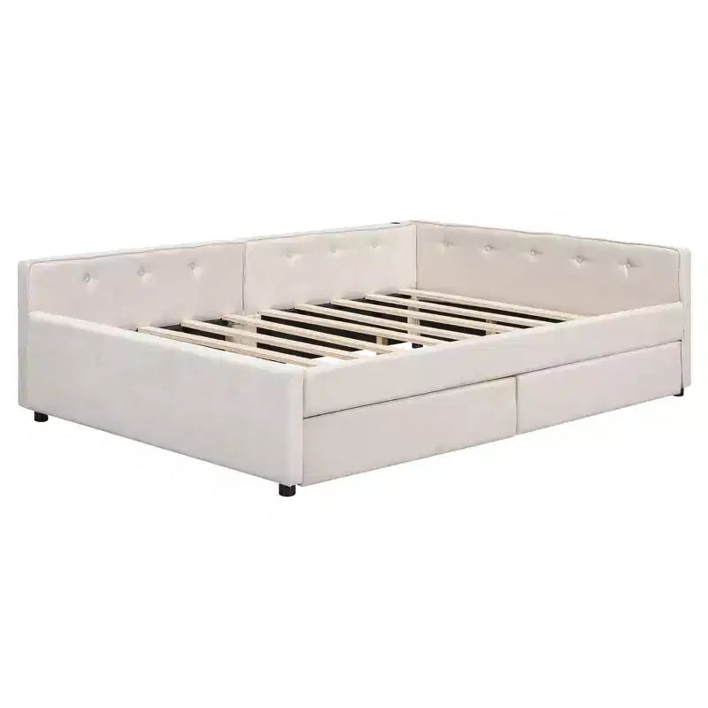 Sofá cama tapizado con cajones de almacenamiento, sofá cama esquinero en forma de L, estructura de cama baja con carga USB para adolescentes y adultos, beige