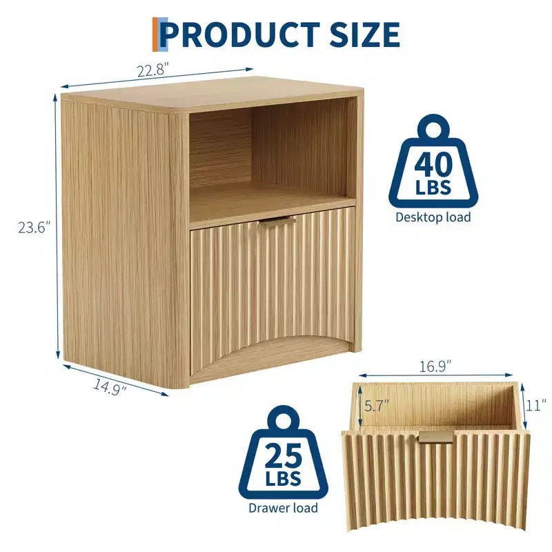 Juego de 2 mesitas de noche, mesita de noche acanalada de 57,9 cm de ancho con cajón y almacenamiento, mesita de noche moderna de mediados de siglo, mesita de noche acanalada para dormitorio, sofá, oficina