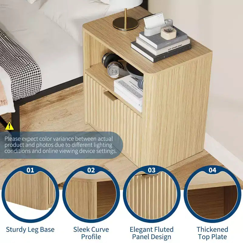 Juego de 2 mesitas de noche, mesita de noche acanalada de 57,9 cm de ancho con cajón y almacenamiento, mesita de noche moderna de mediados de siglo, mesita de noche acanalada para dormitorio, sofá, oficina