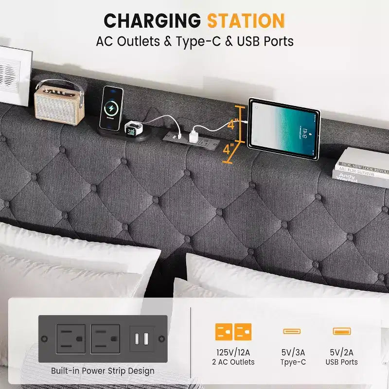 Base de Cama con Plataforma, Cabecera con Almacenamiento, Estación de Carga USB, 4 Cajones de Almacenamiento, No Requiere Colchón de Resortes, Fácil de Montar, Soporte de Alta Resistencia