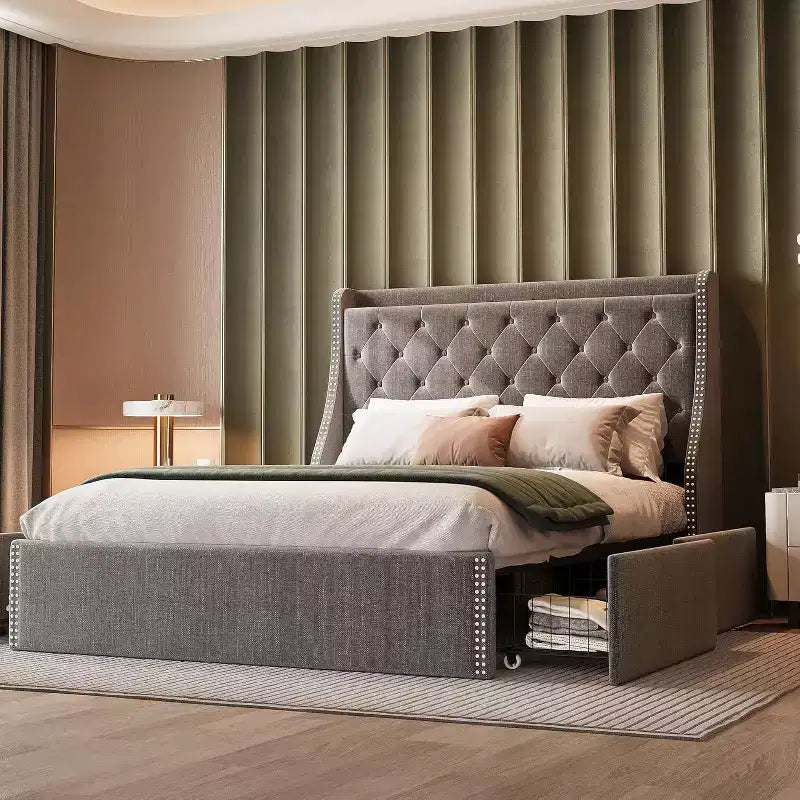 Base de Cama con Plataforma, Cabecera con Almacenamiento, Estación de Carga USB, 4 Cajones de Almacenamiento, No Requiere Colchón de Resortes, Fácil de Montar, Soporte de Alta Resistencia