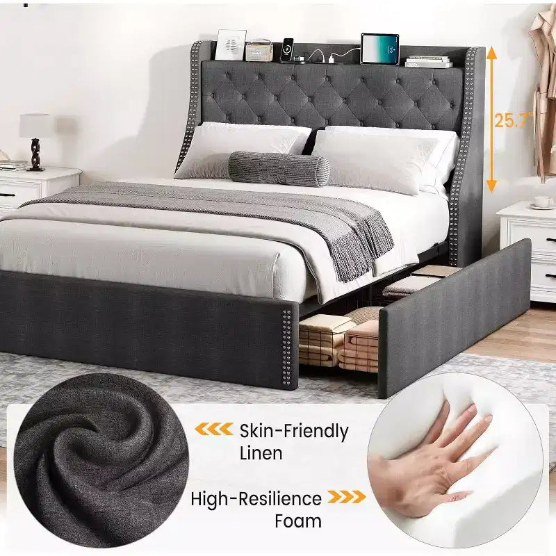 Base de Cama con Plataforma, Cabecera con Almacenamiento, Estación de Carga USB, 4 Cajones de Almacenamiento, No Requiere Colchón de Resortes, Fácil de Montar, Soporte de Alta Resistencia