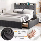 Base de Cama con Plataforma, Cabecera con Almacenamiento, Estación de Carga USB, 4 Cajones de Almacenamiento, No Requiere Colchón de Resortes, Fácil de Montar, Soporte de Alta Resistencia