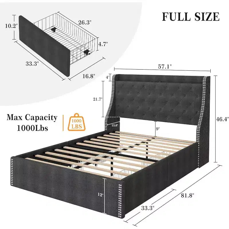 Base de Cama con Plataforma, Cabecera con Almacenamiento, Estación de Carga USB, 4 Cajones de Almacenamiento, No Requiere Colchón de Resortes, Fácil de Montar, Soporte de Alta Resistencia