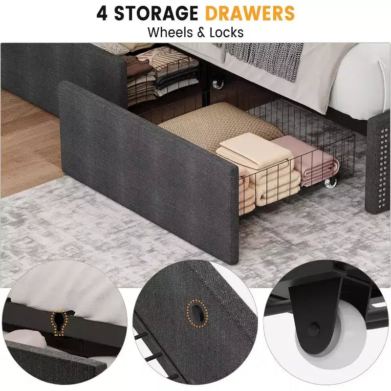 Base de Cama con Plataforma, Cabecera con Almacenamiento, Estación de Carga USB, 4 Cajones de Almacenamiento, No Requiere Colchón de Resortes, Fácil de Montar, Soporte de Alta Resistencia