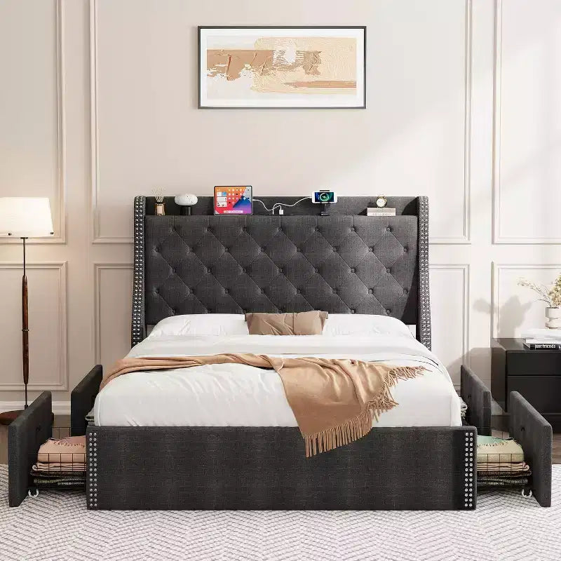 Base de Cama con Plataforma, Cabecera con Almacenamiento, Estación de Carga USB, 4 Cajones de Almacenamiento, No Requiere Colchón de Resortes, Fácil de Montar, Soporte de Alta Resistencia