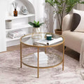 VINGLI 25.6 Round Gold Coffee Tables, 2-Tier Glass Coffee Table with Storage, Simple & Modern Center Table for Living Room