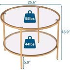 Vingli - Mesas de centro redondas doradas de 65 cm, mesa de centro de cristal de 2 niveles con almacenamiento, mesa auxiliar moderna y sencilla para sala de estar