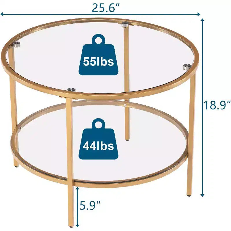 Vingli - Mesas de centro redondas doradas de 65 cm, mesa de centro de cristal de 2 niveles con almacenamiento, mesa auxiliar moderna y sencilla para sala de estar