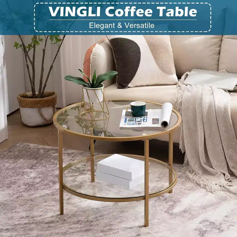 Vingli - Mesas de centro redondas doradas de 65 cm, mesa de centro de cristal de 2 niveles con almacenamiento, mesa auxiliar moderna y sencilla para sala de estar